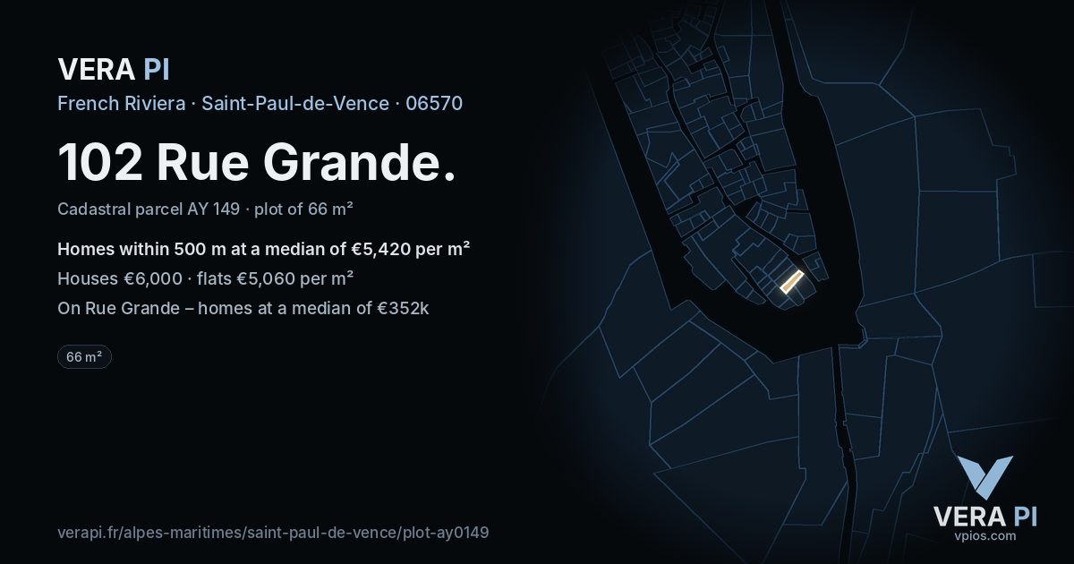 102 Rue Grande, Saint-Paul-de-Vence at night – the plot lit, the parcels around coloured by the prices near them