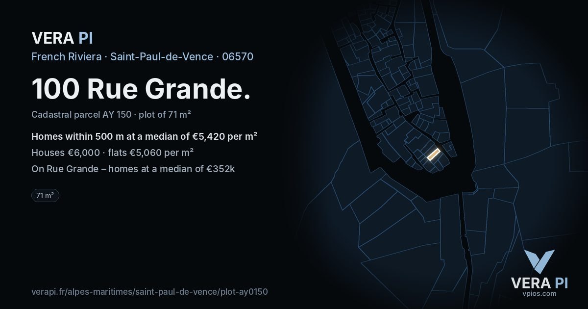 100 Rue Grande, Saint-Paul-de-Vence at night – the plot lit, the parcels around coloured by the prices near them