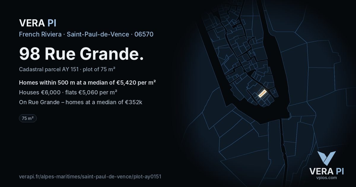 98 Rue Grande, Saint-Paul-de-Vence at night – the plot lit, the parcels around coloured by the prices near them