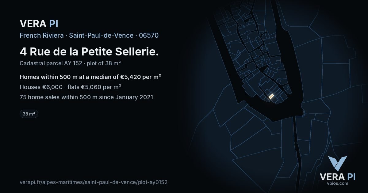 4 Rue de la Petite Sellerie, Saint-Paul-de-Vence at night – the plot lit, the parcels around coloured by the prices near them