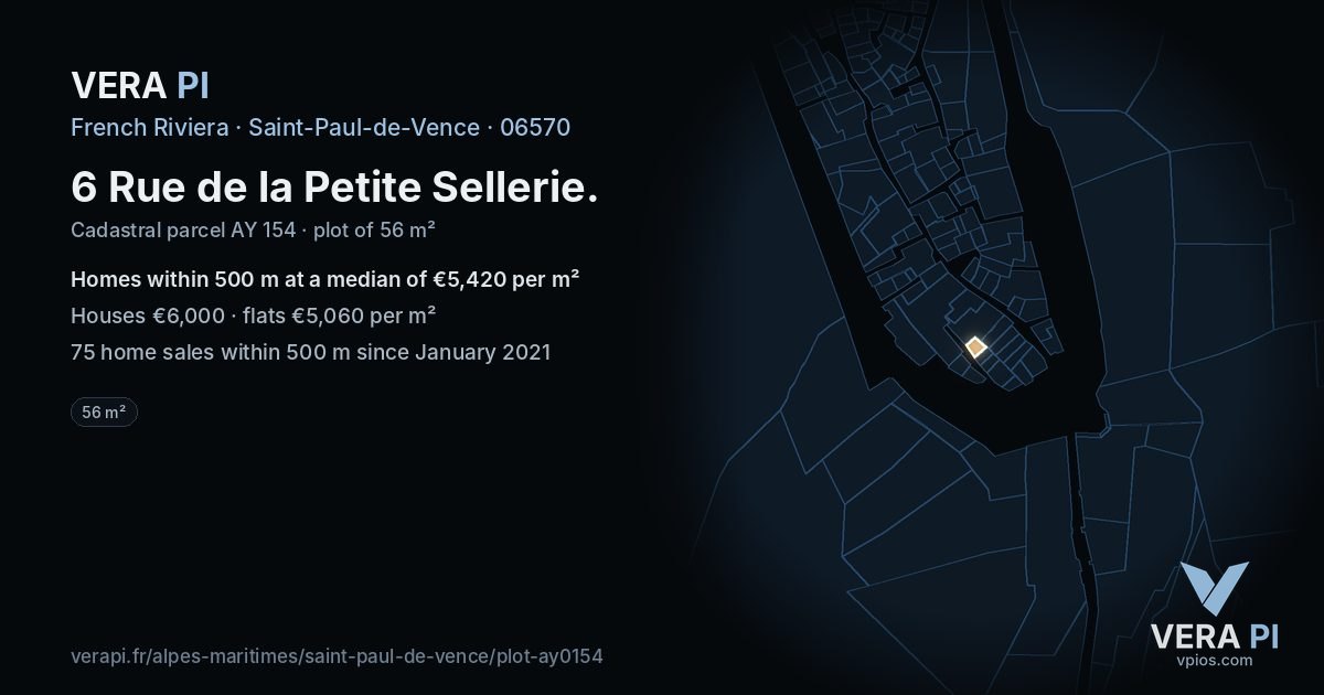 6 Rue de la Petite Sellerie, Saint-Paul-de-Vence at night – the plot lit, the parcels around coloured by the prices near them