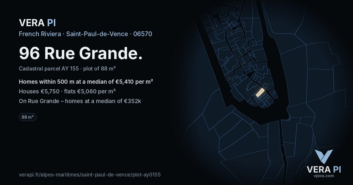 96 Rue Grande, Saint-Paul-de-Vence at night – the plot lit, the parcels around coloured by the prices near them