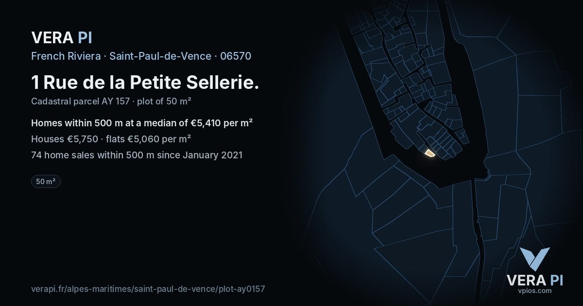 1 Rue de la Petite Sellerie, Saint-Paul-de-Vence at night – the plot lit, the parcels around coloured by the prices near them