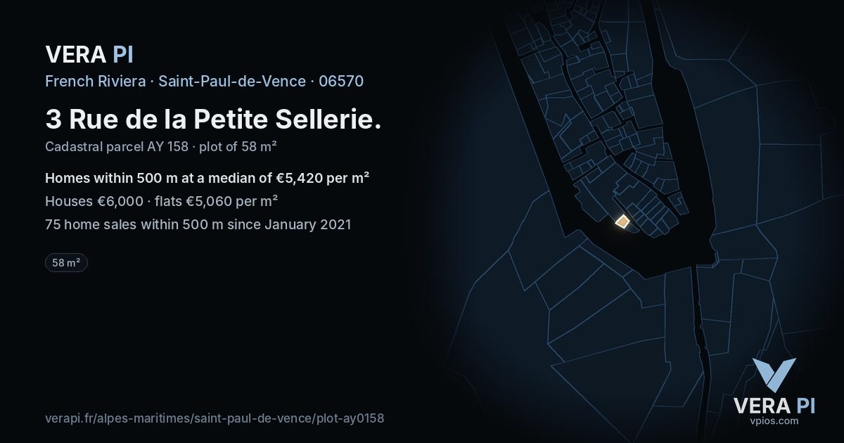3 Rue de la Petite Sellerie, Saint-Paul-de-Vence at night – the plot lit, the parcels around coloured by the prices near them
