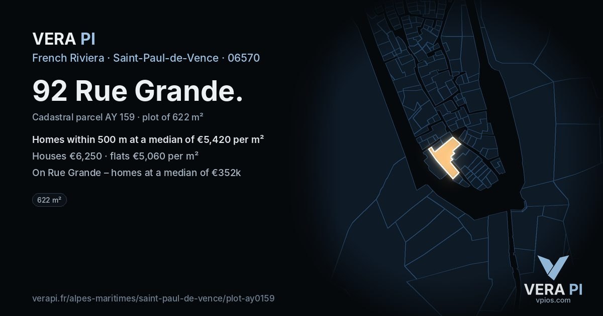 92 Rue Grande, Saint-Paul-de-Vence at night – the plot lit, the parcels around coloured by the prices near them