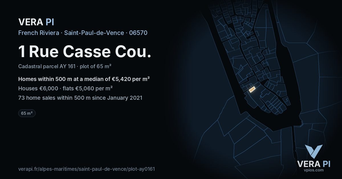 1 Rue Casse Cou, Saint-Paul-de-Vence at night – the plot lit, the parcels around coloured by the prices near them