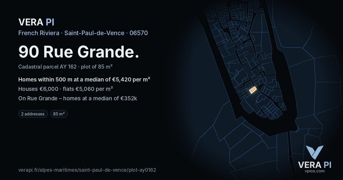 90 Rue Grande, Saint-Paul-de-Vence at night – the plot lit, the parcels around coloured by the prices near them
