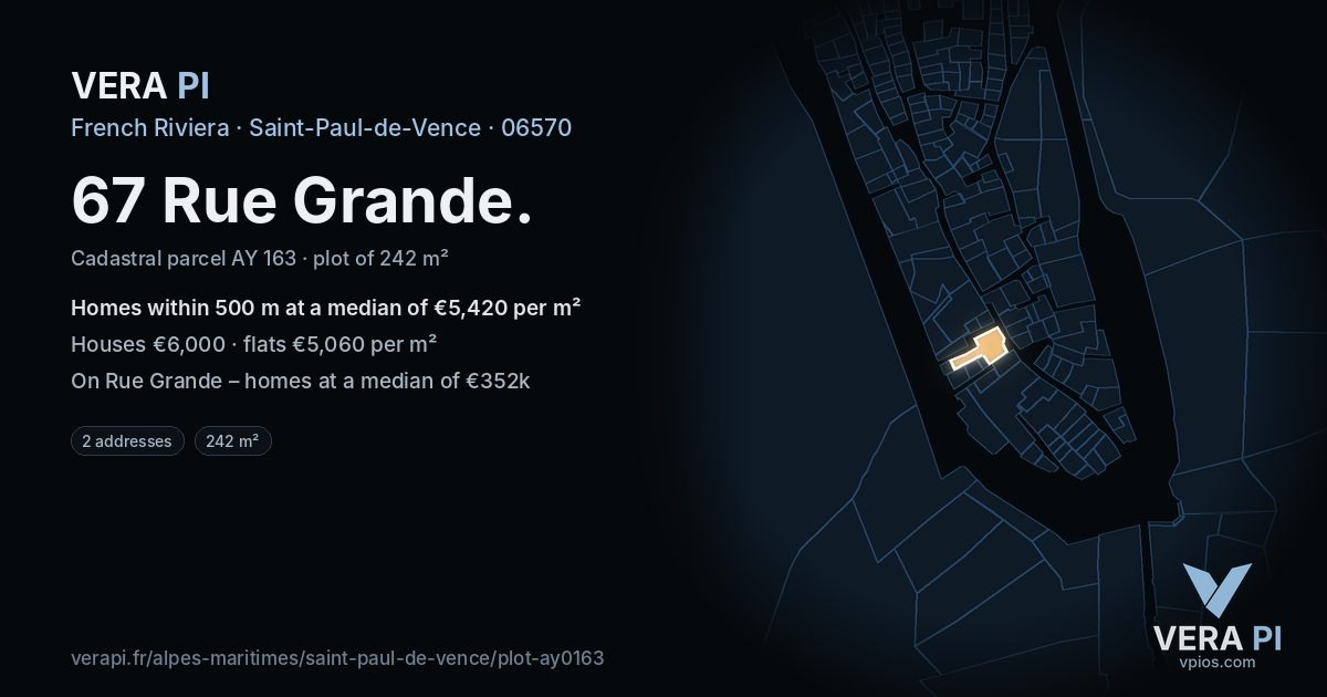 67 Rue Grande, Saint-Paul-de-Vence at night – the plot lit, the parcels around coloured by the prices near them