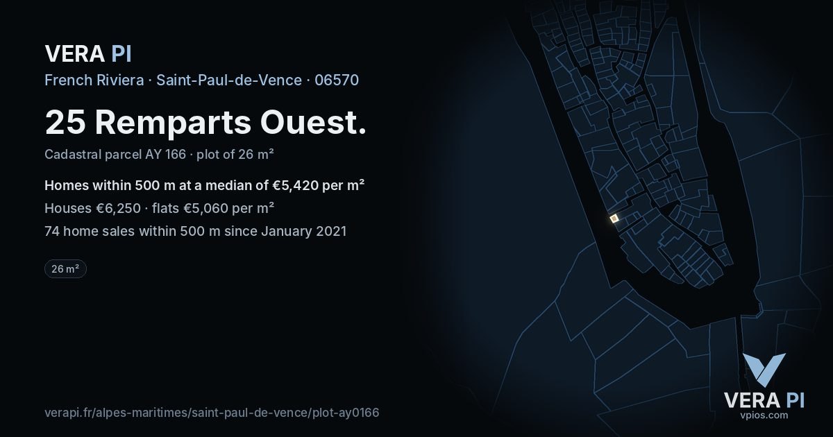 25 Remparts Ouest, Saint-Paul-de-Vence at night – the plot lit, the parcels around coloured by the prices near them