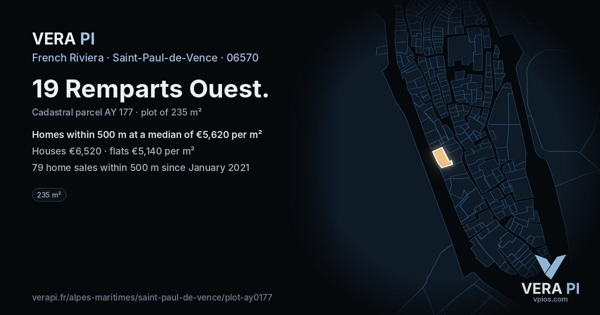 19 Remparts Ouest, Saint-Paul-de-Vence at night – the plot lit, the parcels around coloured by the prices near them