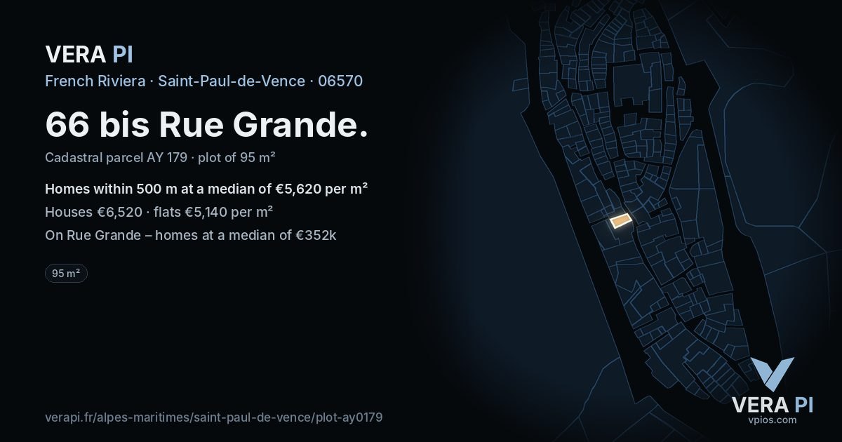 66 bis Rue Grande, Saint-Paul-de-Vence at night – the plot lit, the parcels around coloured by the prices near them