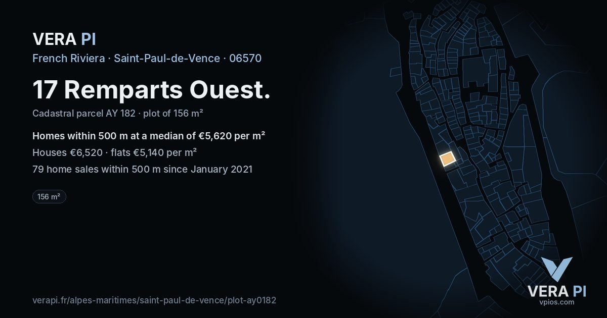 17 Remparts Ouest, Saint-Paul-de-Vence at night – the plot lit, the parcels around coloured by the prices near them