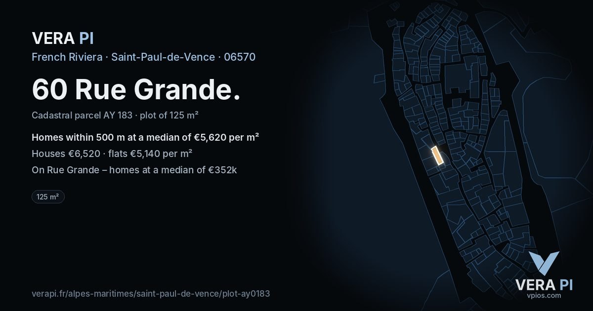60 Rue Grande, Saint-Paul-de-Vence at night – the plot lit, the parcels around coloured by the prices near them