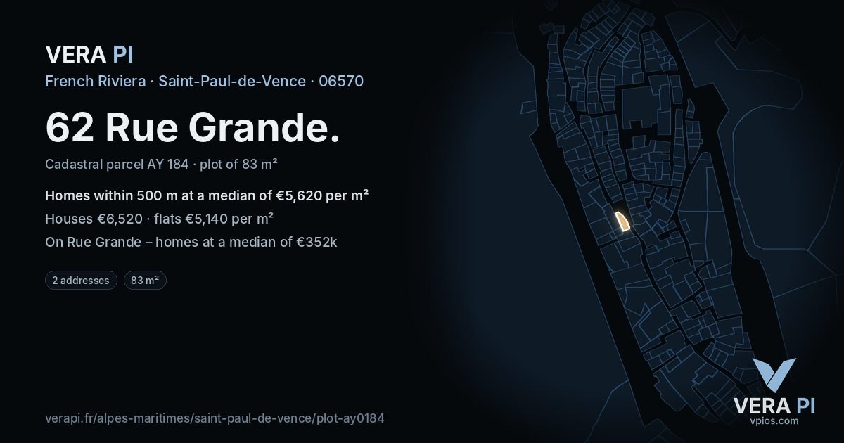 62 Rue Grande, Saint-Paul-de-Vence at night – the plot lit, the parcels around coloured by the prices near them