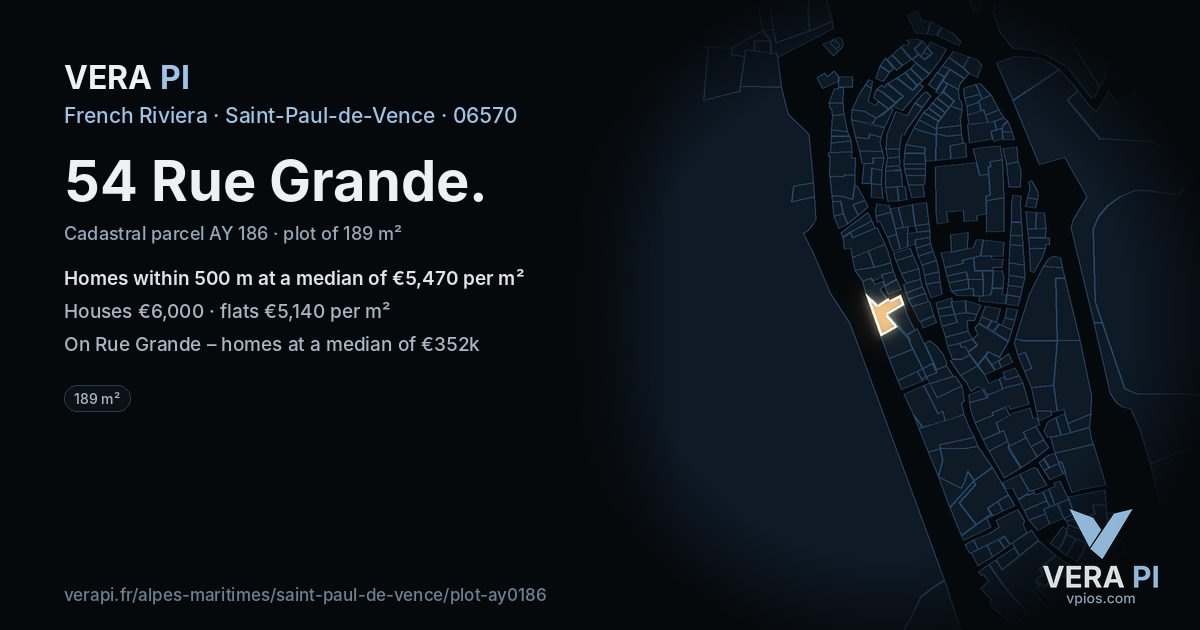 54 Rue Grande, Saint-Paul-de-Vence at night – the plot lit, the parcels around coloured by the prices near them