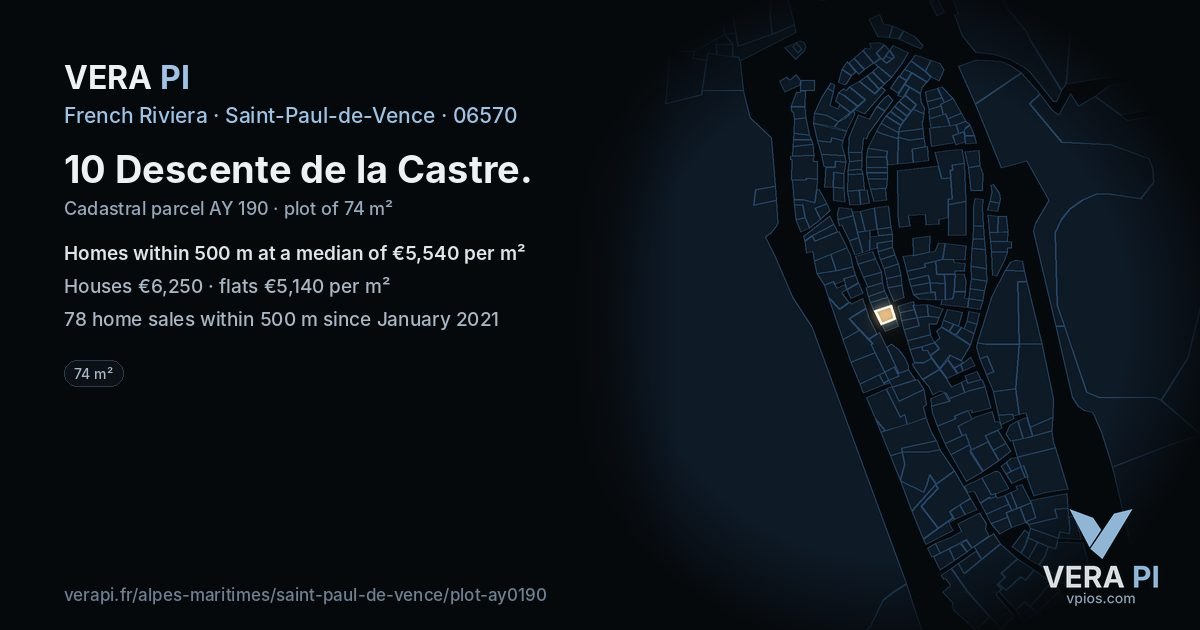 10 Descente de la Castre, Saint-Paul-de-Vence at night – the plot lit, the parcels around coloured by the prices near them