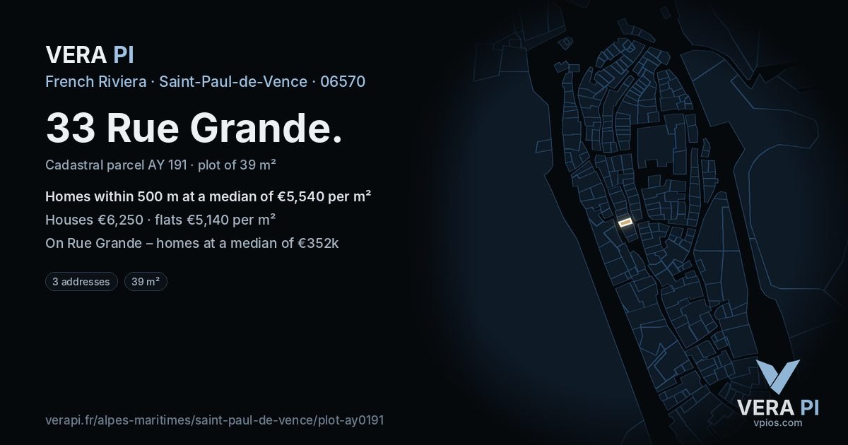 33 Rue Grande, Saint-Paul-de-Vence at night – the plot lit, the parcels around coloured by the prices near them
