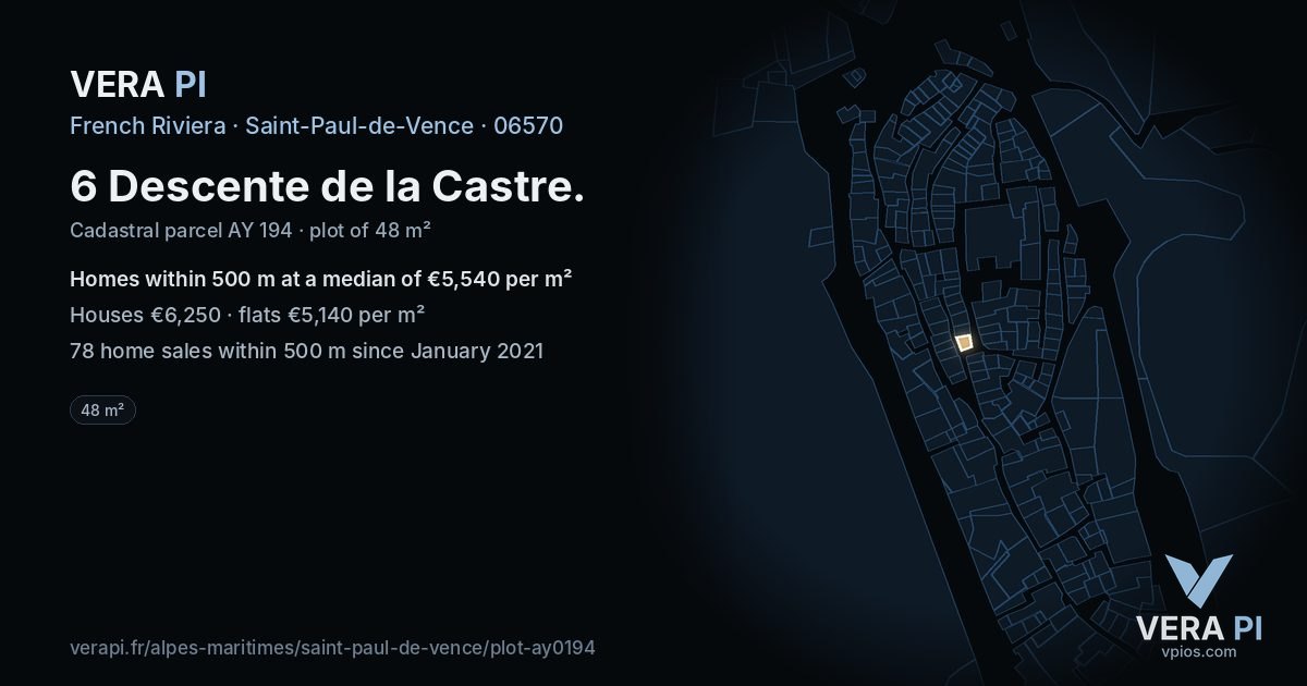 6 Descente de la Castre, Saint-Paul-de-Vence at night – the plot lit, the parcels around coloured by the prices near them