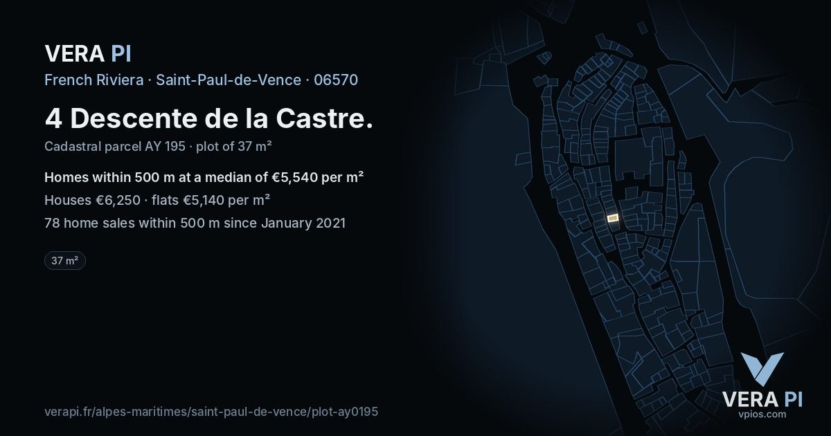 4 Descente de la Castre, Saint-Paul-de-Vence at night – the plot lit, the parcels around coloured by the prices near them