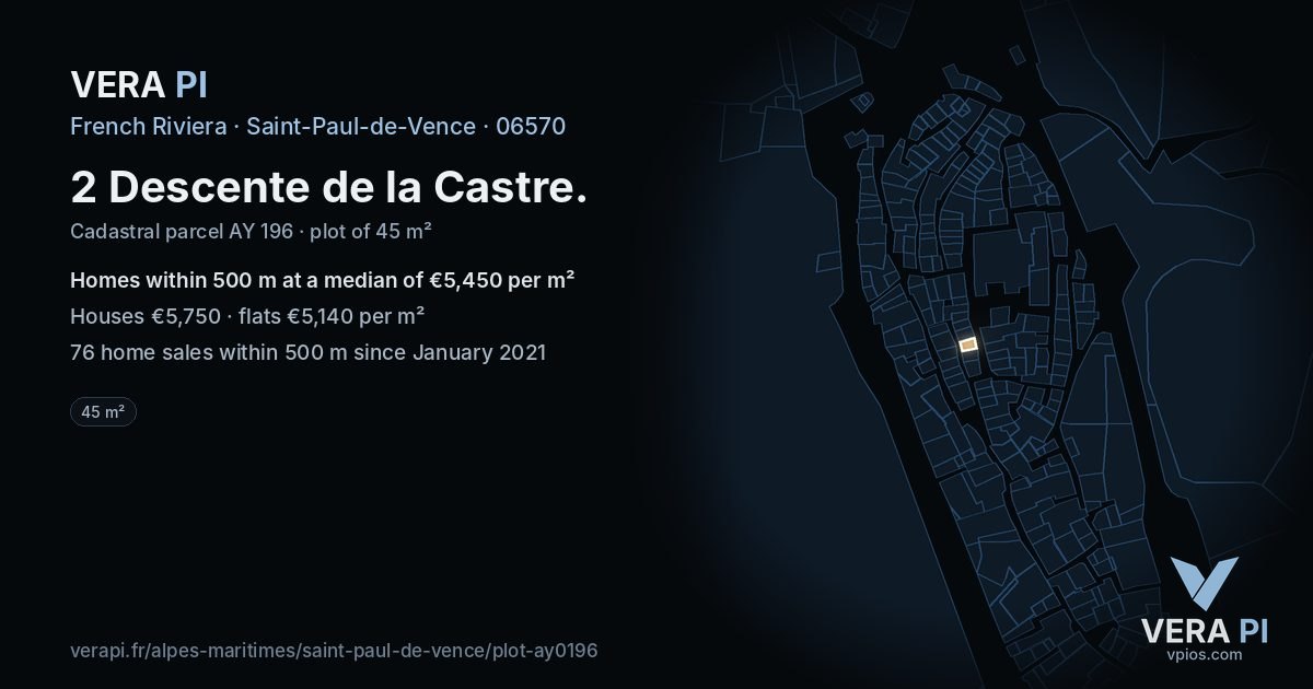 2 Descente de la Castre, Saint-Paul-de-Vence at night – the plot lit, the parcels around coloured by the prices near them