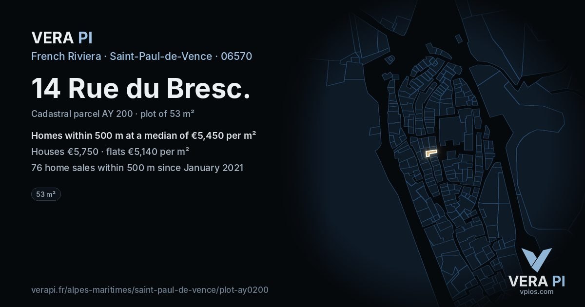 14 Rue du Bresc, Saint-Paul-de-Vence at night – the plot lit, the parcels around coloured by the prices near them