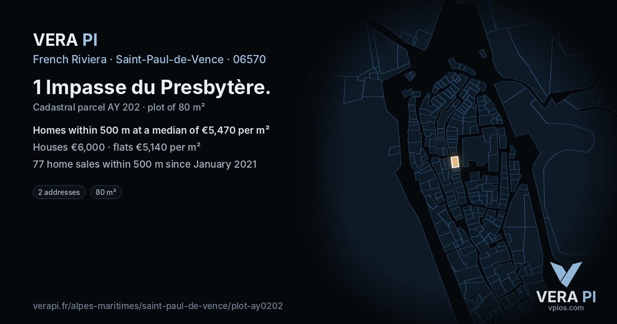 1 Impasse du Presbytère, Saint-Paul-de-Vence at night – the plot lit, the parcels around coloured by the prices near them