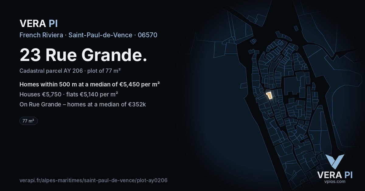 23 Rue Grande, Saint-Paul-de-Vence at night – the plot lit, the parcels around coloured by the prices near them