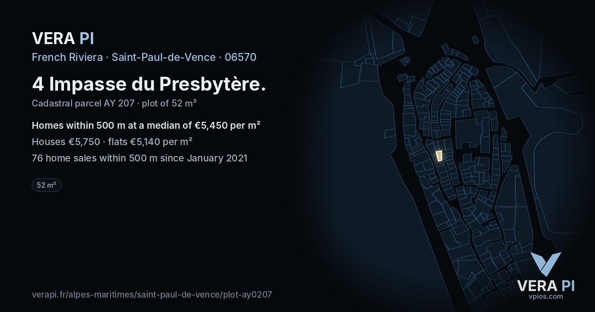 4 Impasse du Presbytère, Saint-Paul-de-Vence at night – the plot lit, the parcels around coloured by the prices near them