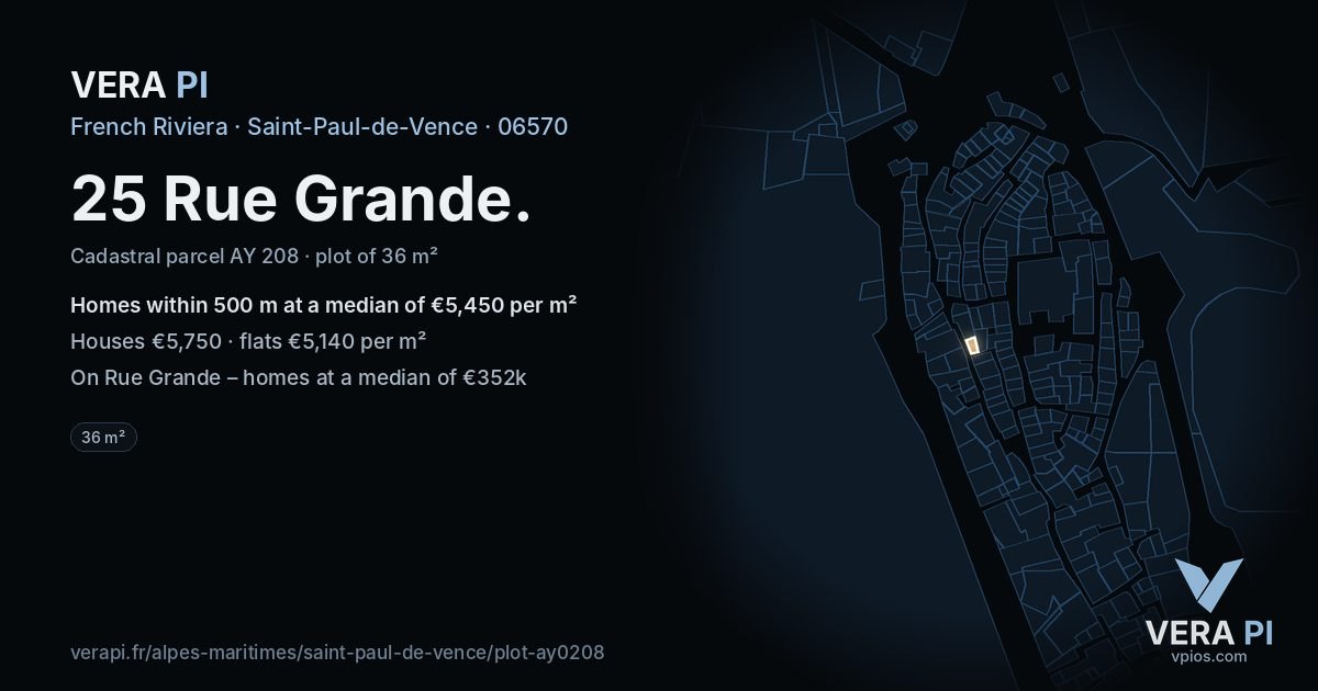 25 Rue Grande, Saint-Paul-de-Vence at night – the plot lit, the parcels around coloured by the prices near them