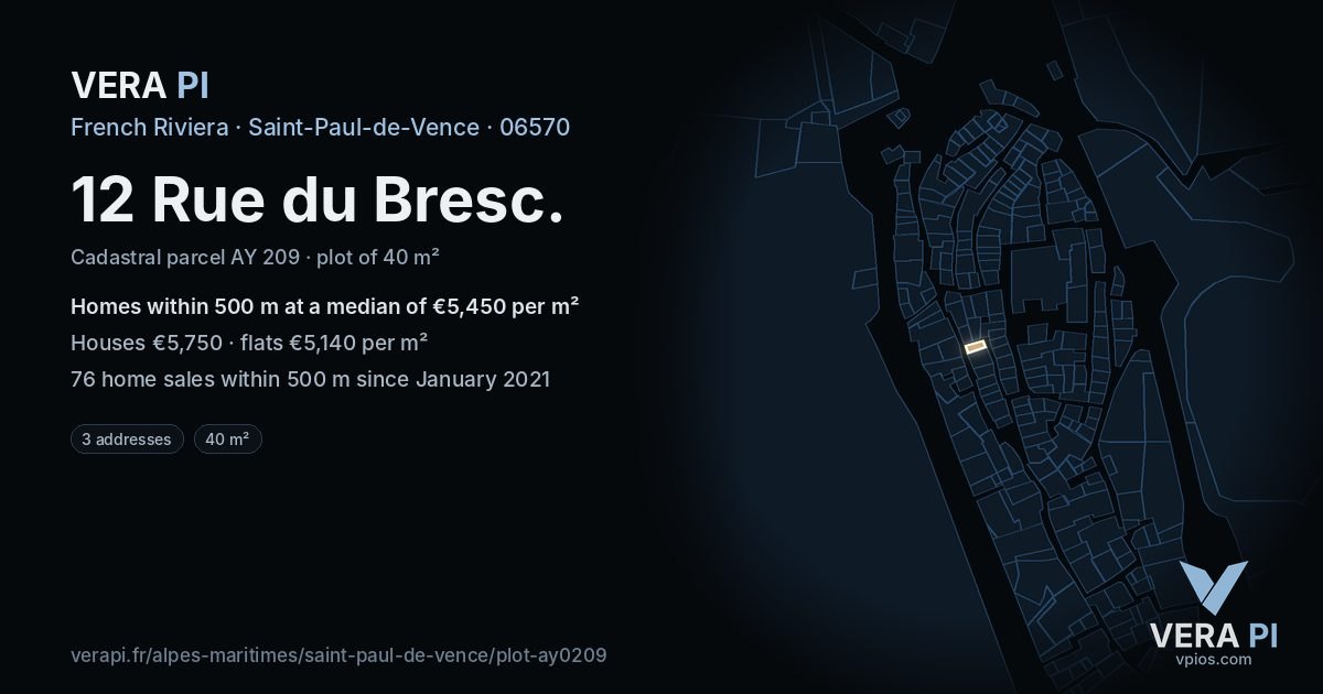 12 Rue du Bresc, Saint-Paul-de-Vence at night – the plot lit, the parcels around coloured by the prices near them