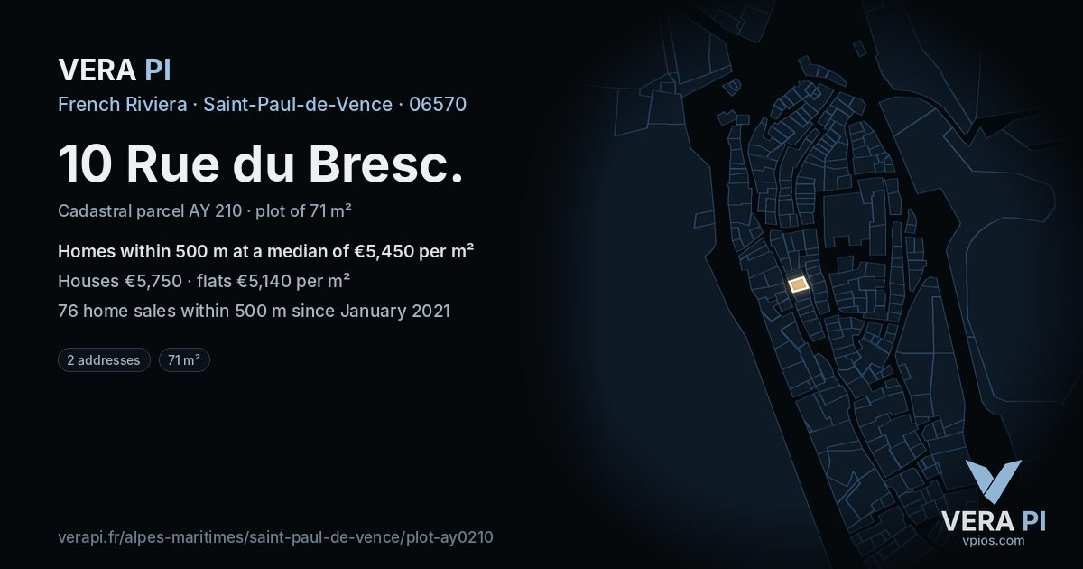 10 Rue du Bresc, Saint-Paul-de-Vence at night – the plot lit, the parcels around coloured by the prices near them