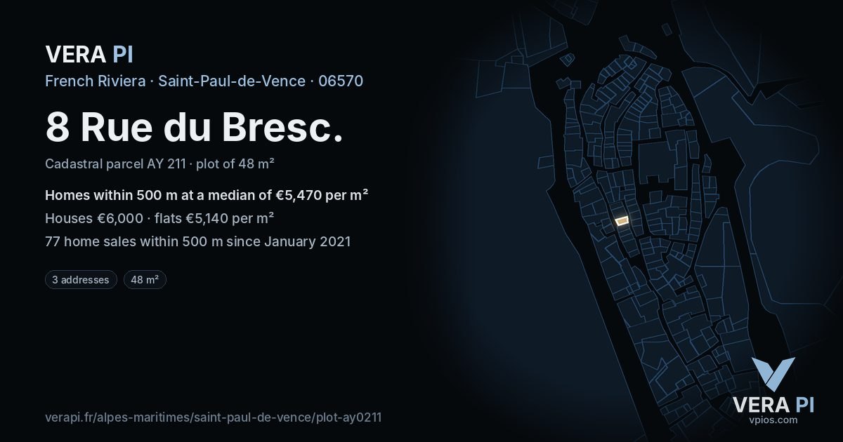 8 Rue du Bresc, Saint-Paul-de-Vence at night – the plot lit, the parcels around coloured by the prices near them