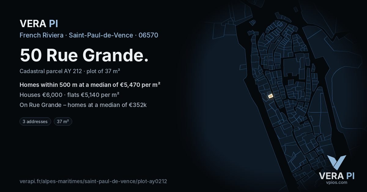 50 Rue Grande, Saint-Paul-de-Vence at night – the plot lit, the parcels around coloured by the prices near them