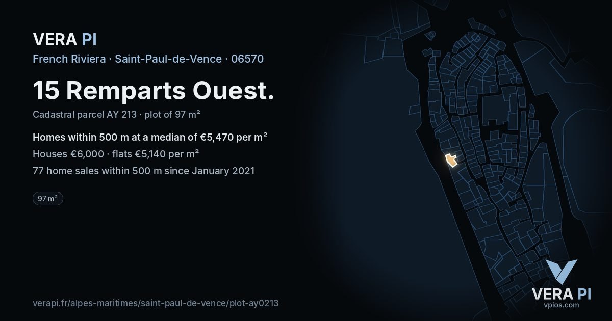 15 Remparts Ouest, Saint-Paul-de-Vence at night – the plot lit, the parcels around coloured by the prices near them