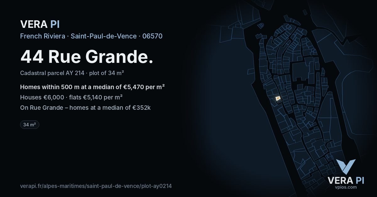 44 Rue Grande, Saint-Paul-de-Vence at night – the plot lit, the parcels around coloured by the prices near them
