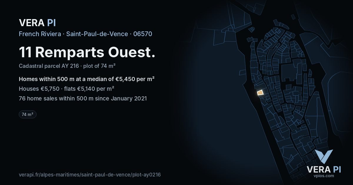 11 Remparts Ouest, Saint-Paul-de-Vence at night – the plot lit, the parcels around coloured by the prices near them