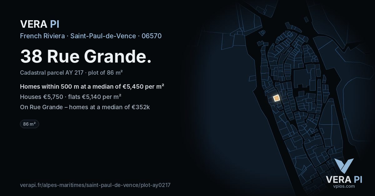 38 Rue Grande, Saint-Paul-de-Vence at night – the plot lit, the parcels around coloured by the prices near them