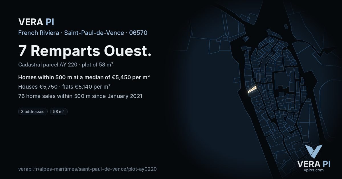 7 Remparts Ouest, Saint-Paul-de-Vence at night – the plot lit, the parcels around coloured by the prices near them