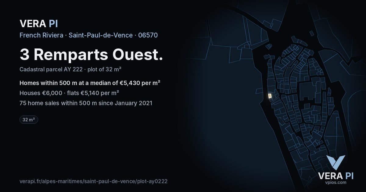 3 Remparts Ouest, Saint-Paul-de-Vence at night – the plot lit, the parcels around coloured by the prices near them