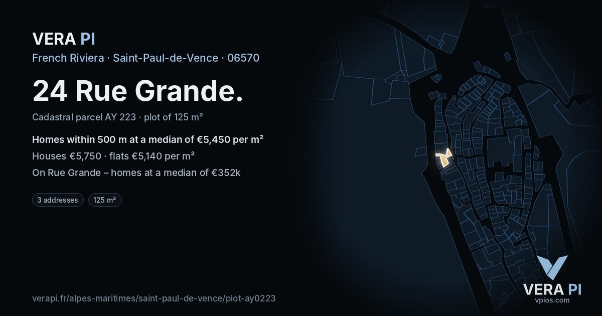 24 Rue Grande, Saint-Paul-de-Vence at night – the plot lit, the parcels around coloured by the prices near them