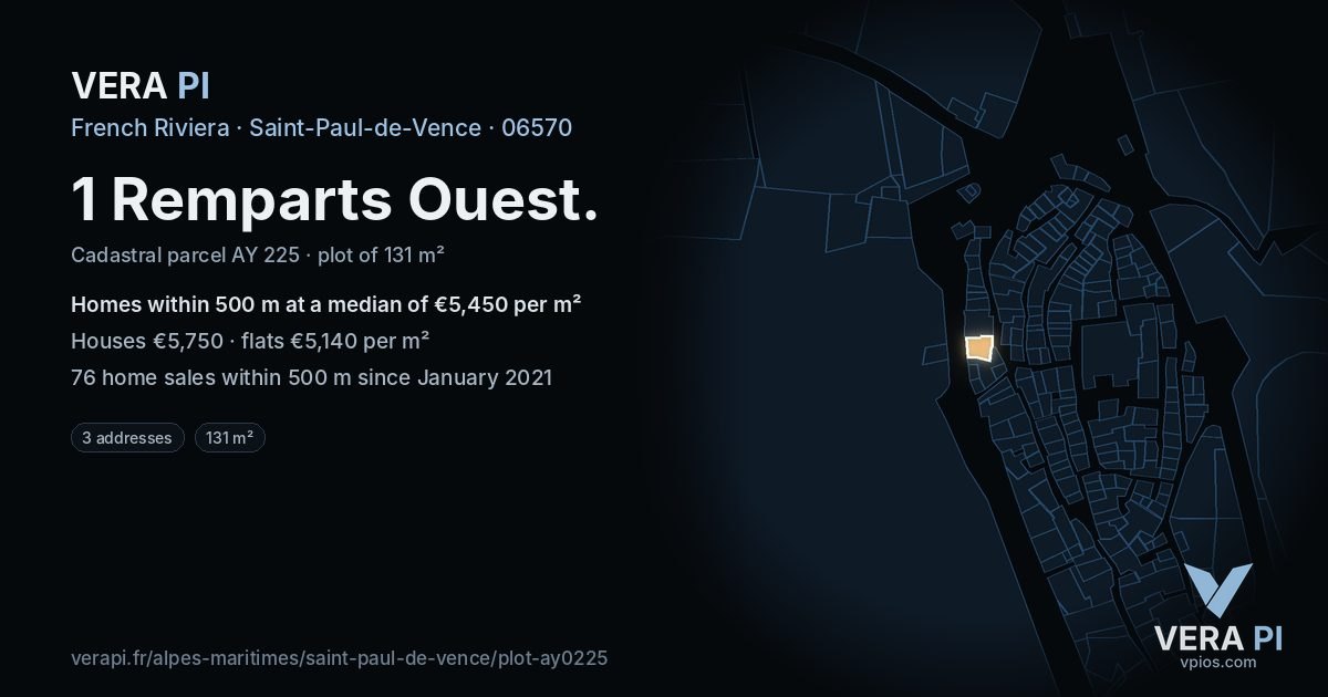 1 Remparts Ouest, Saint-Paul-de-Vence at night – the plot lit, the parcels around coloured by the prices near them