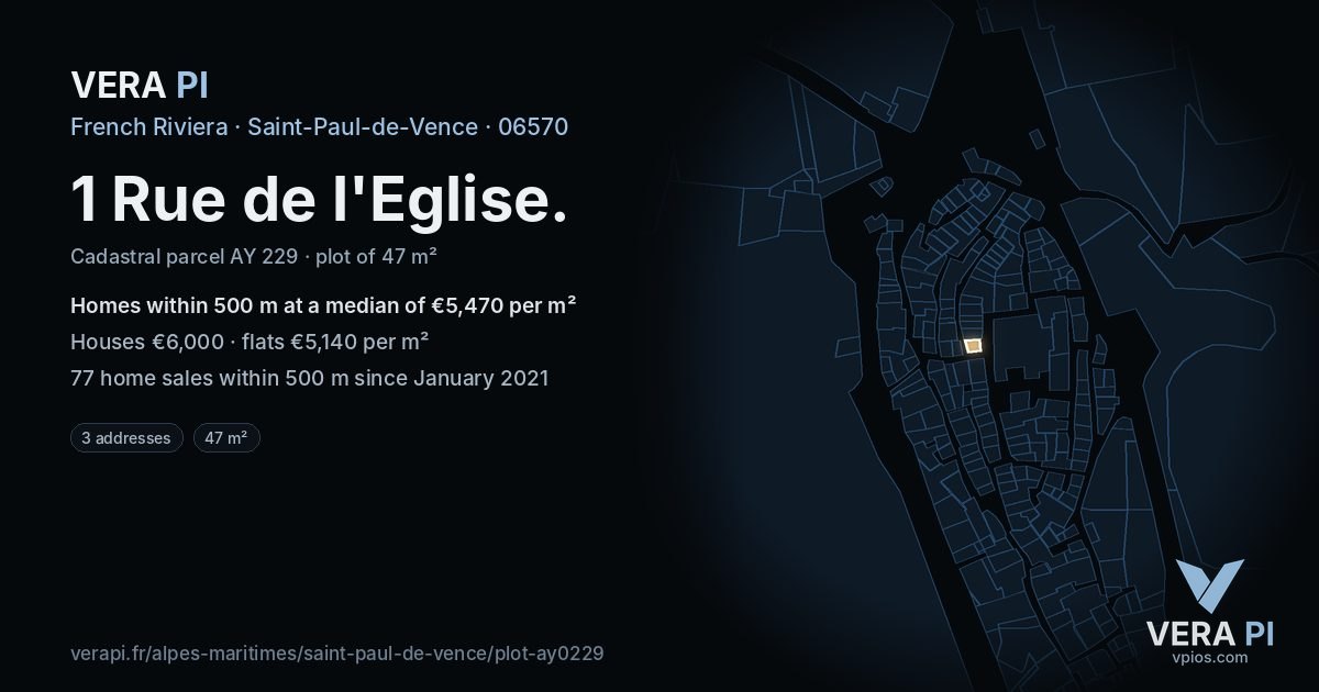 1 Rue de l'Eglise, Saint-Paul-de-Vence at night – the plot lit, the parcels around coloured by the prices near them