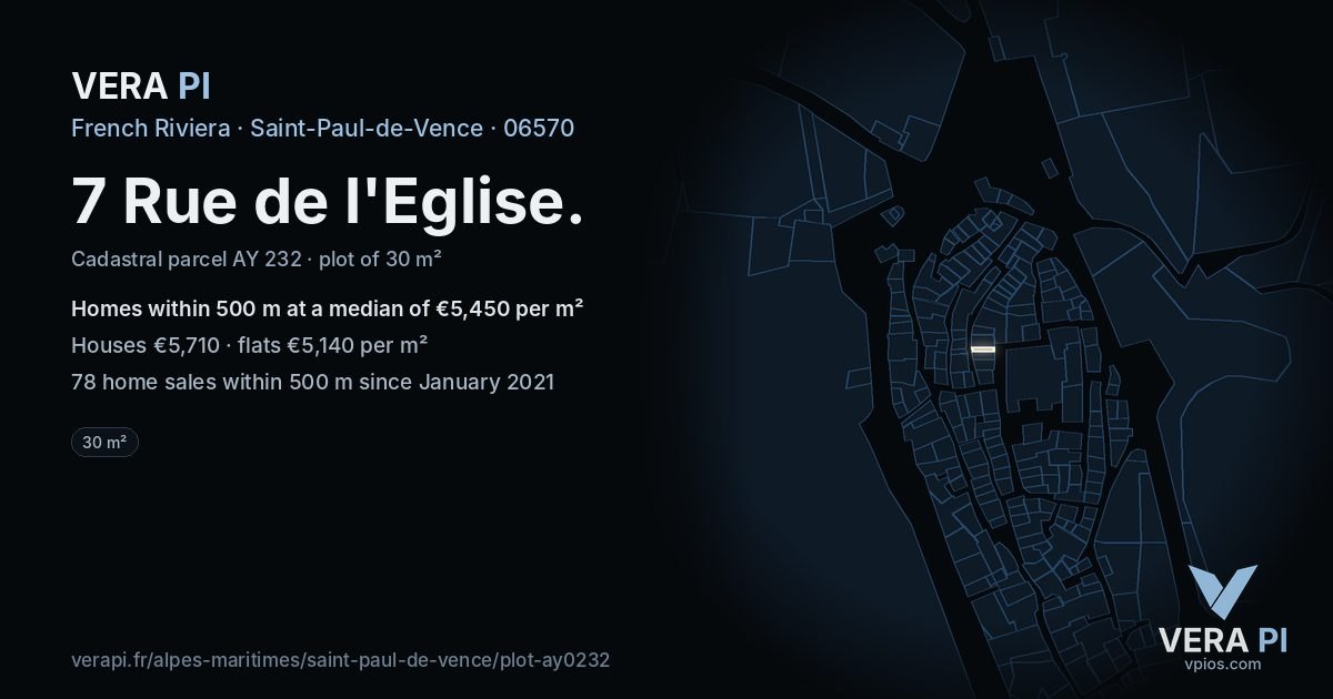7 Rue de l'Eglise, Saint-Paul-de-Vence at night – the plot lit, the parcels around coloured by the prices near them
