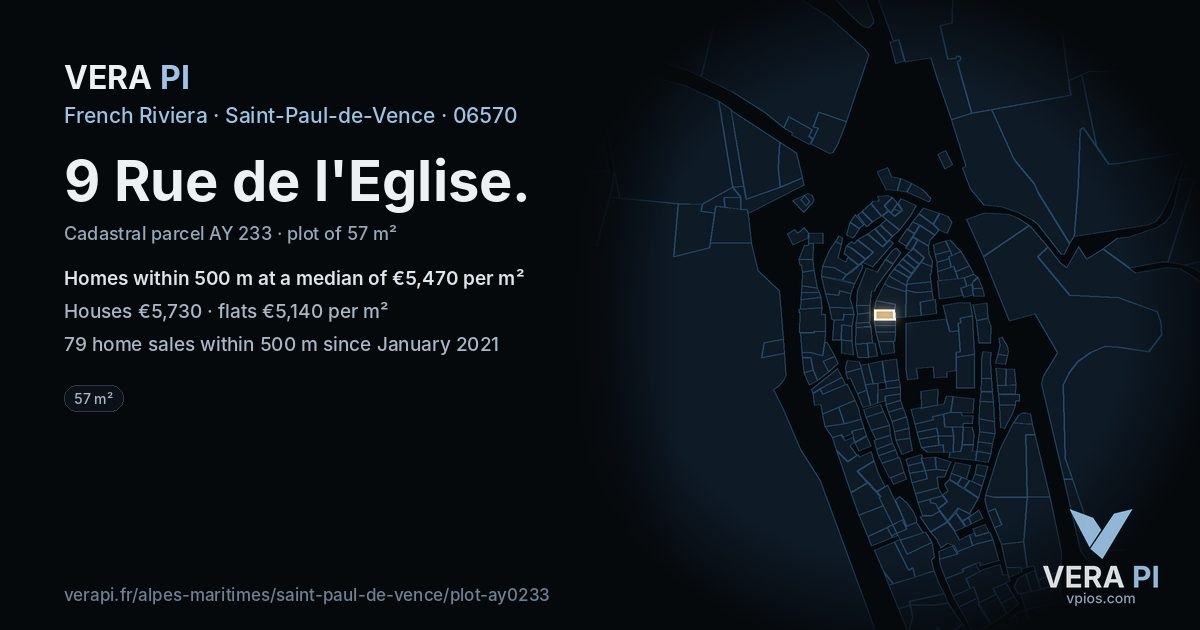 9 Rue de l'Eglise, Saint-Paul-de-Vence at night – the plot lit, the parcels around coloured by the prices near them