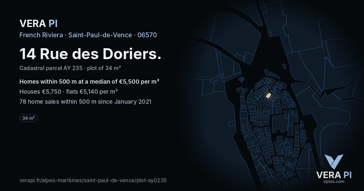 14 Rue des Doriers, Saint-Paul-de-Vence at night – the plot lit, the parcels around coloured by the prices near them
