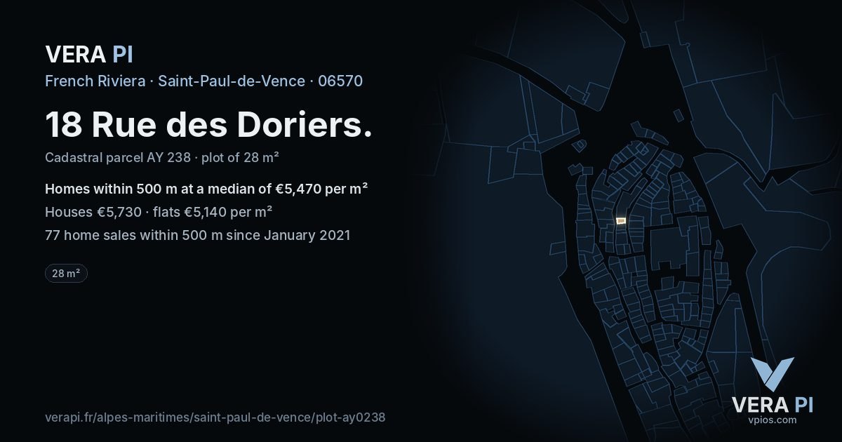 18 Rue des Doriers, Saint-Paul-de-Vence at night – the plot lit, the parcels around coloured by the prices near them