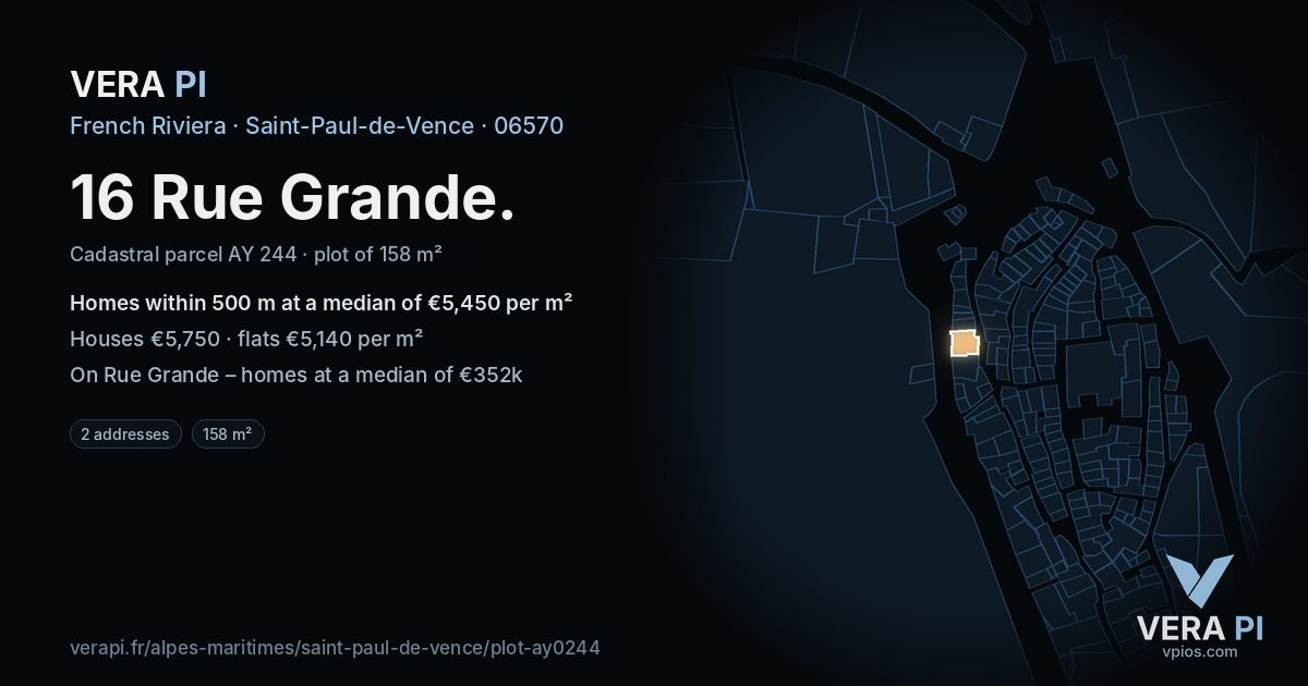 16 Rue Grande, Saint-Paul-de-Vence at night – the plot lit, the parcels around coloured by the prices near them