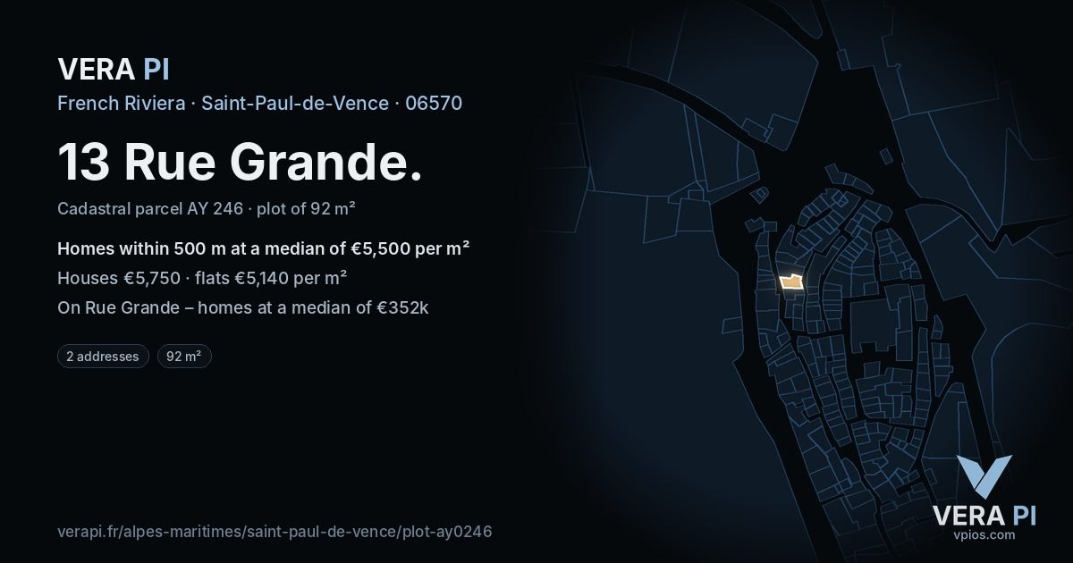 13 Rue Grande, Saint-Paul-de-Vence at night – the plot lit, the parcels around coloured by the prices near them