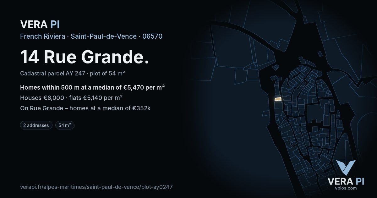 14 Rue Grande, Saint-Paul-de-Vence at night – the plot lit, the parcels around coloured by the prices near them