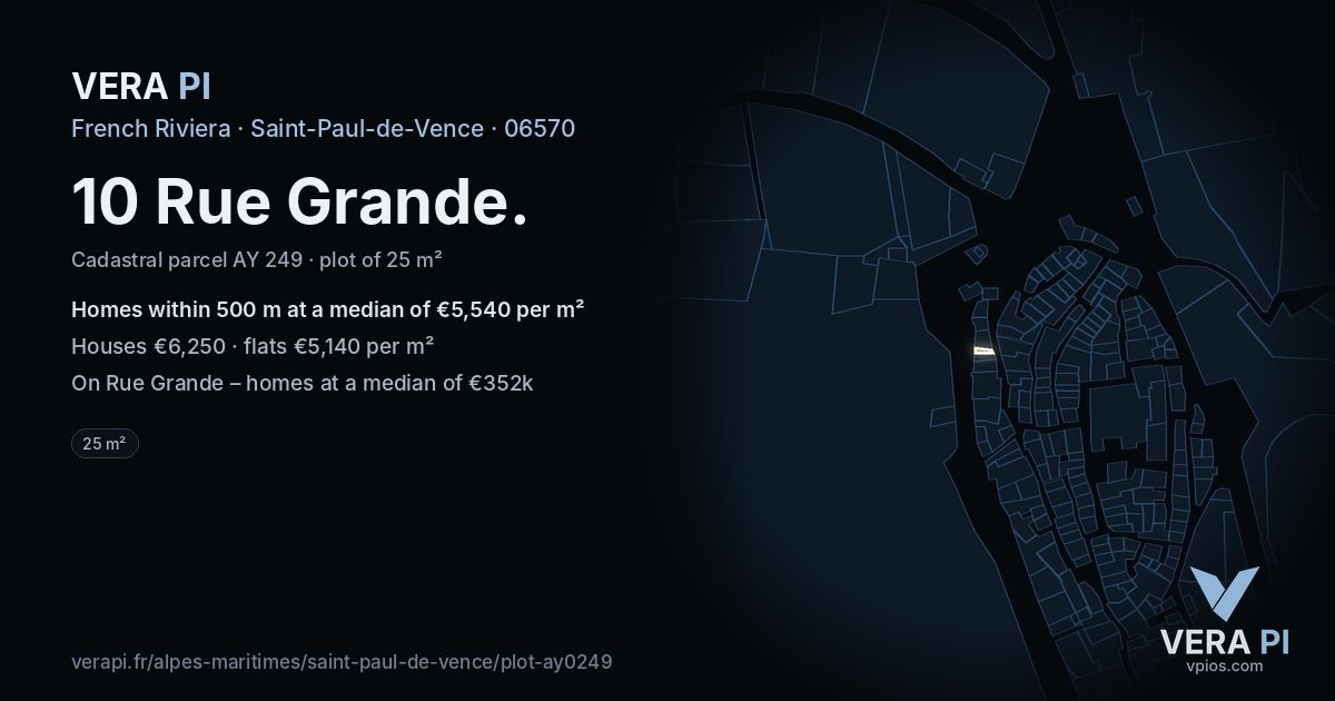 10 Rue Grande, Saint-Paul-de-Vence at night – the plot lit, the parcels around coloured by the prices near them